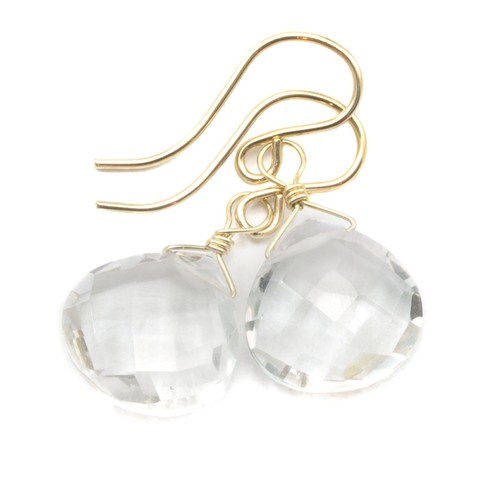 Orecchini Quarzo Trasparente Lacrime Cuore Sfaccettato Gocce Naturali Oro Sterling 14k - Foto 4 di 9