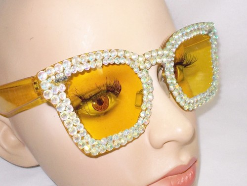 SUNGLASSES CATEYE BLINGED OUT OVERSIZED YELLOW RHINESTONED BEAUTIES FREE US SHIP - Picture 3 of 4