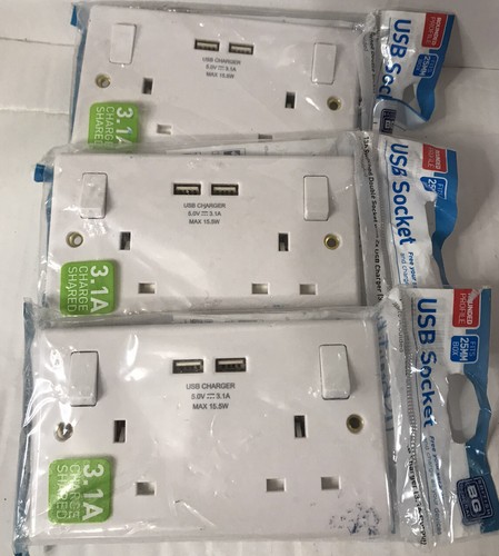 Paquete de 3 BG 13A Doble Zócalo Conmutado con 2 X USB INTELIGENTE (3.1A Total) Blanco - Imagen 2 de 2