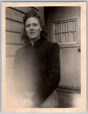 Vtg B&W Snapshot Pretty Young Woman Dark Jacket Updo Hairstyle House Porch 1940s