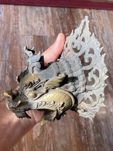 Applique da parete testa di drago cane foo bronzo antico portacandele incenso Cina Nepal - Foto 16 di 24