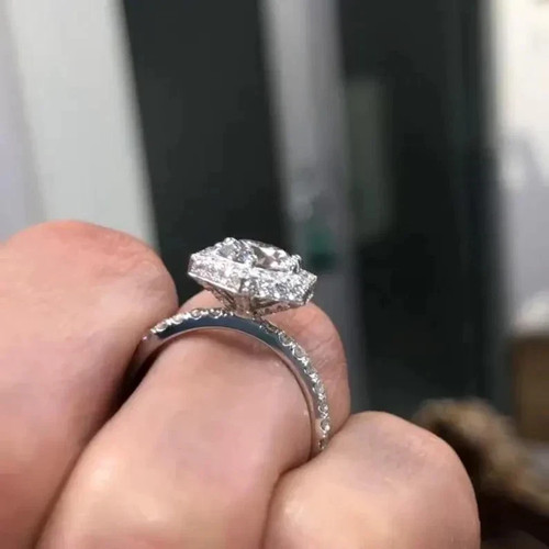 Anillo de boda con halo de diamantes cultivados en laboratorio de corte redondo de 2,30 TCW platino sólido 950 - Imagen 3 de 11