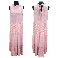 CottageCore Sundress MED Tiered Maxi Pink Floral Lined Boho Flowy Country Prairi