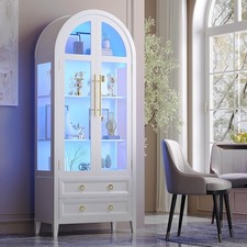 Arched Curio Cabinet with Glass Doors 4 Tier Display Bookcase 2 Drawers Pantry