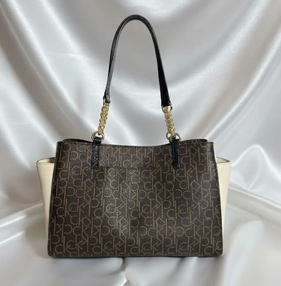 Calvin Klein Tote Bag Monogram Brown With Beige sides & Gold Chain Purse New - Image 3 of 4