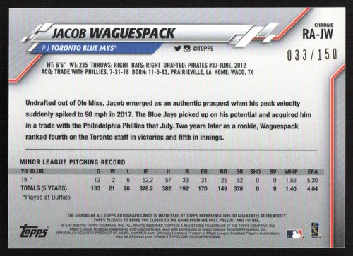 2020 Topps Chrome Rookie Auto Blue Wave Jacob Waguespack /150 Toronto Blue Jays - Picture 2 of 2