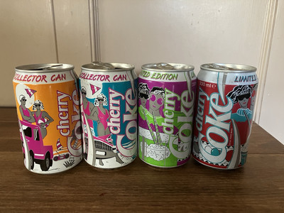 Seltene Vintage 4er Set Cherry Coke Pop Art Dose Paare leer 