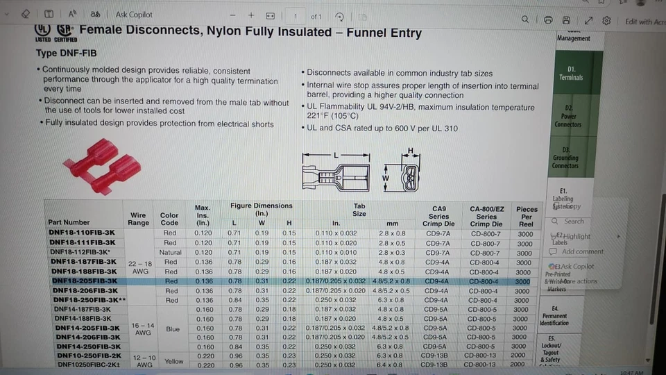 NOVO ≈400PCS RL Disconnect, Vermelho, Nylon, 18-22 AWG, .205/.187 x .032" - Imagem 3 de 4