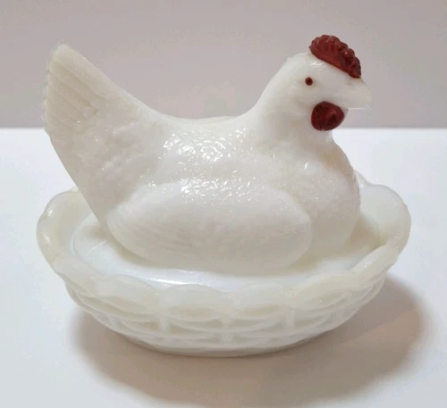 Vintage Westmoreland Milk Glass Hen on Nest Red Comb & Wattle 2 PC Dish 3 1/2"