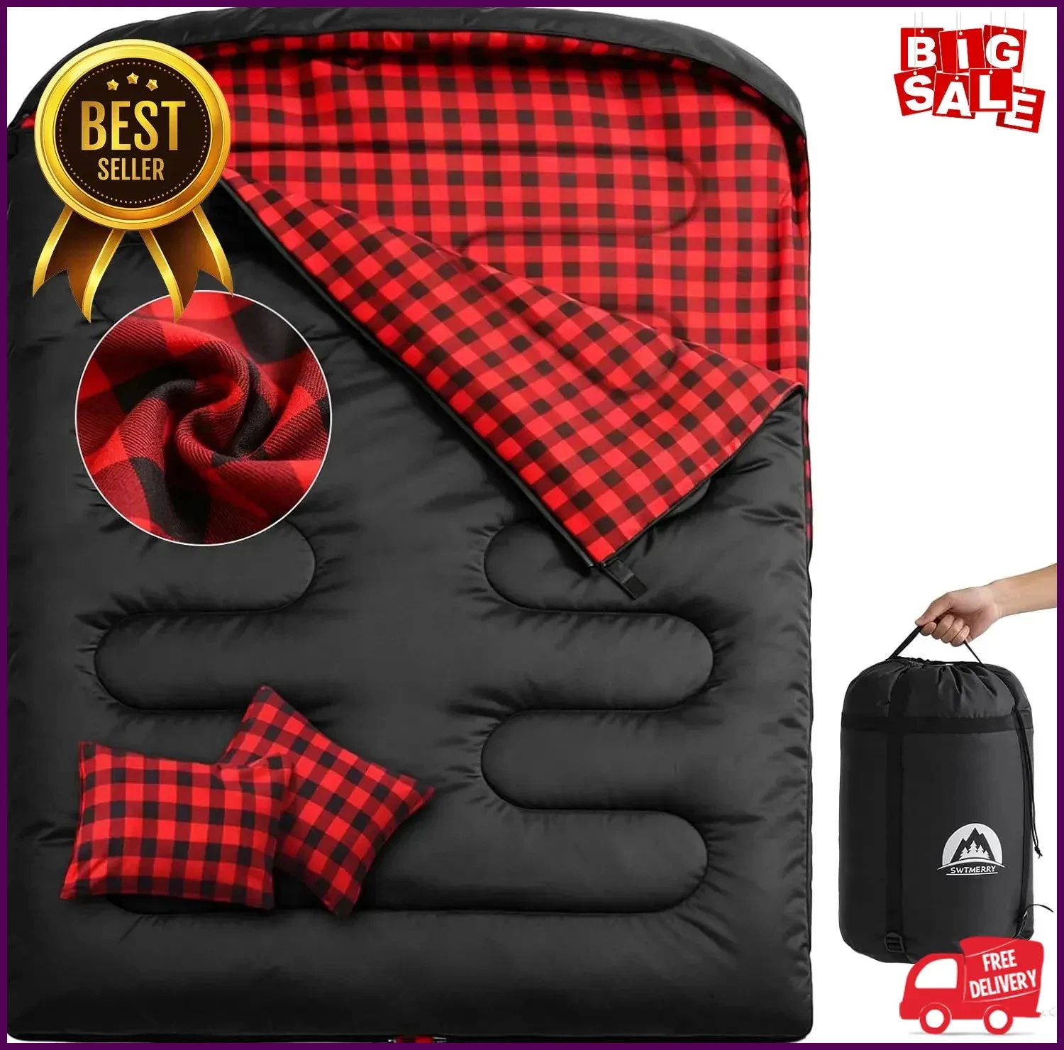 Double Sleeping Bag for Adults with 2 Pillows, Big&Tall XL Queen Size Sleeping B