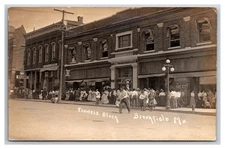 RPPC  Francis Block ~ Street scene  ~ Post office , Barber pole  ~ Brookfield MO