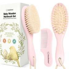 Baby Hair Brush Set for Newborns - Soft Goat Bristle Wooden Oval, Blush