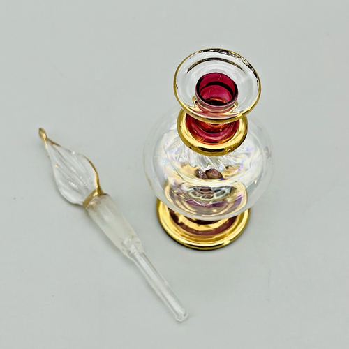 VTG Egyptian Glass Perfume Bottles 1-Cranberry Etched & Gold Hand Blown Set of 2 - Picture 10 of 22