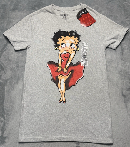 Betty Boop Gray Graphic T-Shirt NWT Women’s Small Cartoon Icon Red Dress Tee - Picture 1 of 3