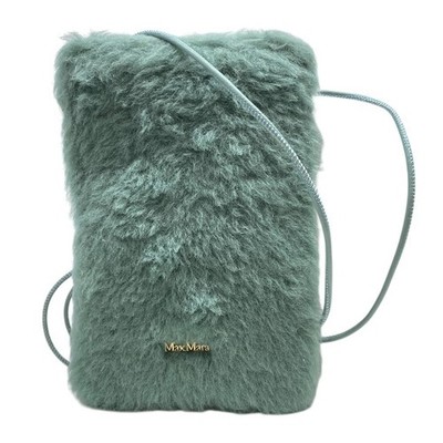 Max Mara CROSSY Teddy Bear Crossbody Phone Pouch Fur Neck Bag Green Logo