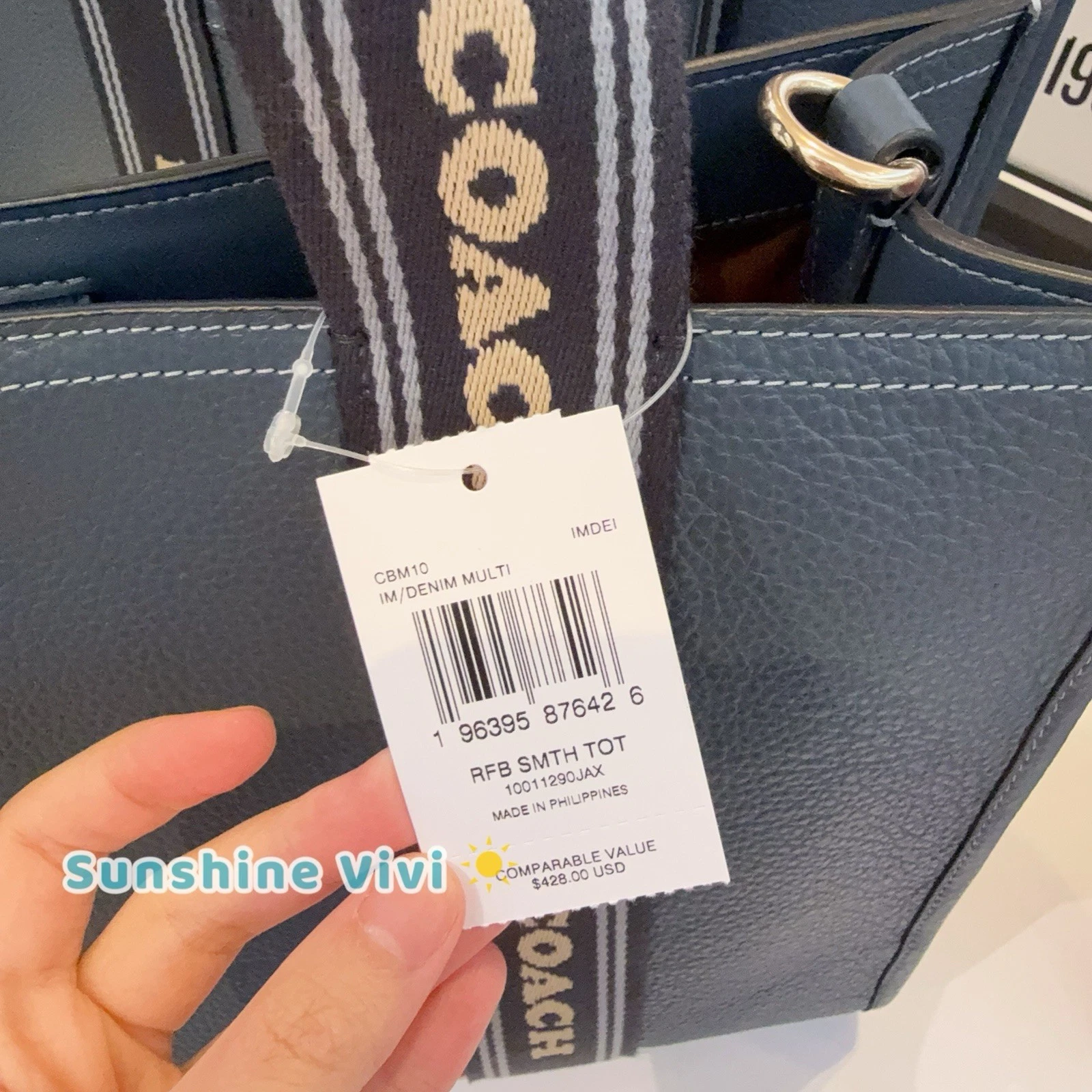 Borsa Coach CBM10 Smith nuova con etichetta in pelle di ciottoli e tessitura oro denim