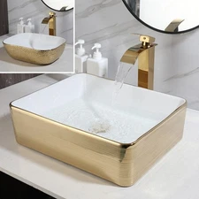 Rectangular White Bathroom Vessel Sink Ceramic Basin Bowl Combo Gold Tap & Drain