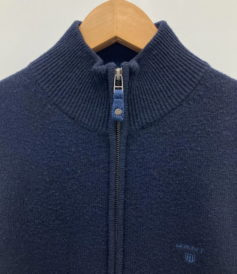 Suéter Gant Para Hombres Mediano Azul Marino Lana de Cordero Cremallera Completa Cuello Simulado Codo Parches Tejido Foto 2 de 4