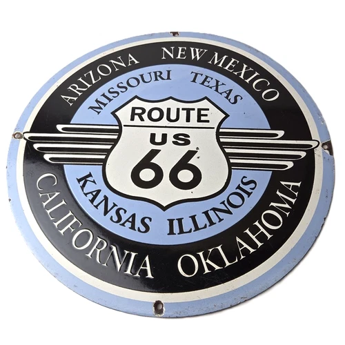 Vintage US Route 66 Sign - Porcelain States Shield Old Road Gas Pump Sign