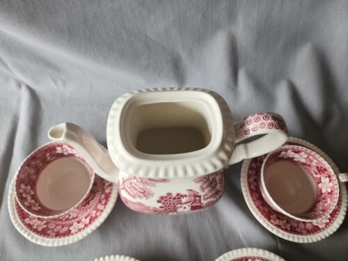 COPELAND SPODE ENGLAND Pink TOWER COFFEE POT 8.5 x 8.75 w/ 4 cup and saucer - Picture 5 of 9