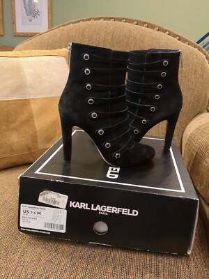 Karl Largerfeld Boots Booties Black Sz 7.5 Eu 38 zip up heels Gillian Suede