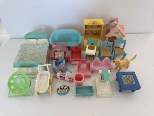 Vintage FISHER PRICE Loving Family Dollhouse Lot 20 Pieces Furniture~Dog, Couch