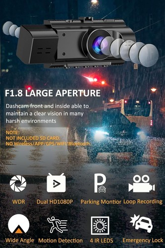 Dual Dash Cam Front and Inside FHD 1080P Dashcams for Cars w/ Infrared Night Cam - Picture 2 of 6