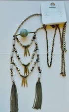 New Women’s Necklace -Gold Tone Long Layered Bead Ladder Design Tassel BOHO LOOK