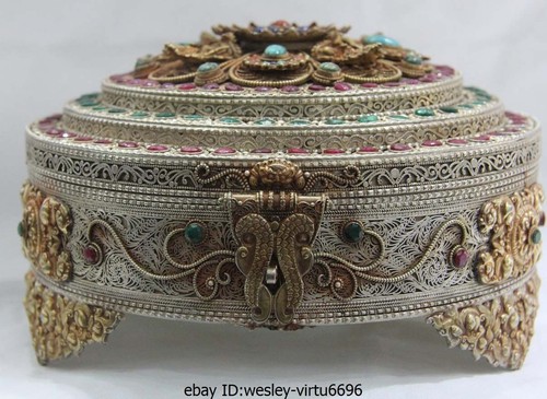 Nepal old Copper Silver Gild inlay Ruby beryl Gem Flower Case casket Jewelry box