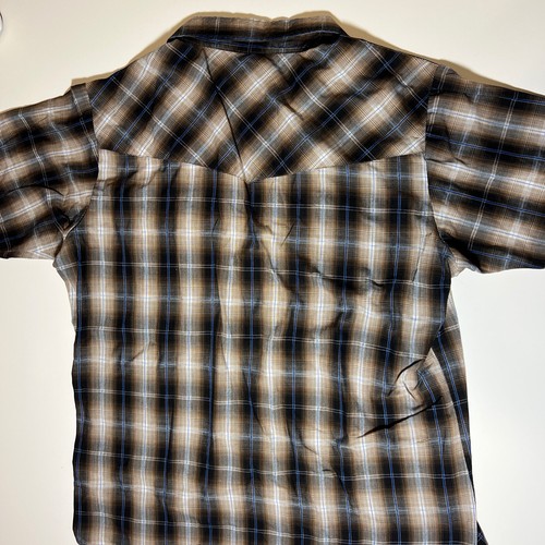 Mens Ely Cattleman Shirt Brown Black Plaid Short Sleeve Pearl Snap Western Large - Picture 5 of 6