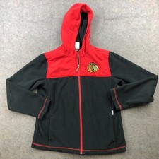 Chicago Blackhawks Hoodie Womens Large Black Red Fleece Jacket Hockey Pullover