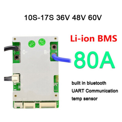 JBD 10S-17S 80A Li-ion Battery Smart BMS 36V 48V 60V Common Port Built in BT
