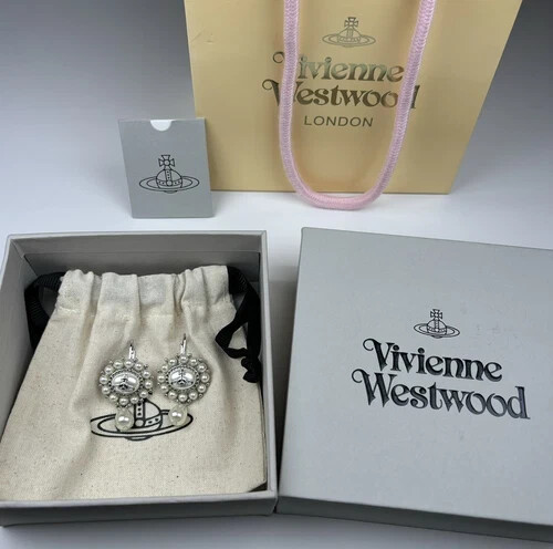 Vivienne Westwood Amaya Drop Pearl Victoria Earrings silver sunflower New in box - Picture 5 of 7