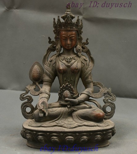 12" Collect Tibetan Buddhism Bronze Tara GuanYin Kwan-yin Goddess Buddha Statue - Picture 1 of 12