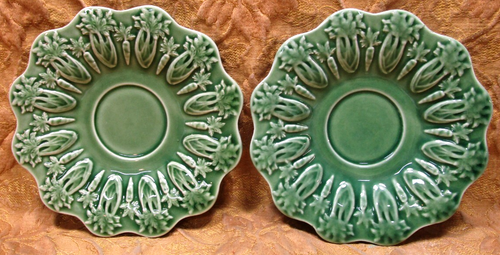 Bordallo Pinheiro Portugal green Rabbits 2 cups & 2 saucers w/carrots/celery,ect - Picture 3 of 7