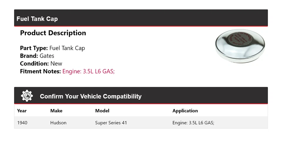 For 1940 Hudson Super Series 41 3.5L L6 GAS Fuel Tank Cap Gates - Image 2 of 4