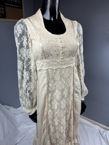 Vtg 60s 70s Gunne Sax Off White Cream Lace Bodice Maxi Dress Wedding Boho Sz 11 - Picture 3 of 20