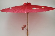 Vintage Japanese Wood Bamboo Hand Painted Umbrella