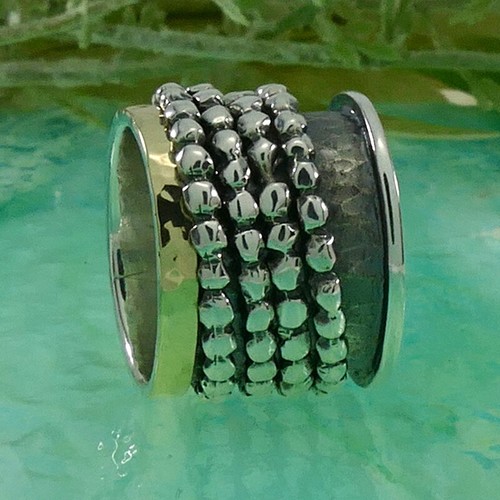 Spinner Contemporary Two Tone Solid 9k Yellow Gold Sterling Silver Ring Size - Picture 6 of 11