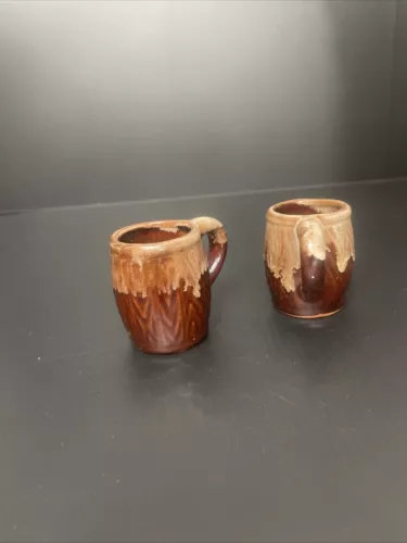 Pair Of Vintage Brown Drip Glaze Pottery Coffee Cup Mini Mugs Ceramic Taiwan