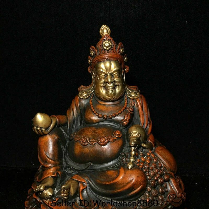 Estatua de Buda Dios Riqueza Jambhala Amarillo Tíbet Dorado Oro 24k Cobre Rojo Antiguo 7.6" Foto 2 de 4
