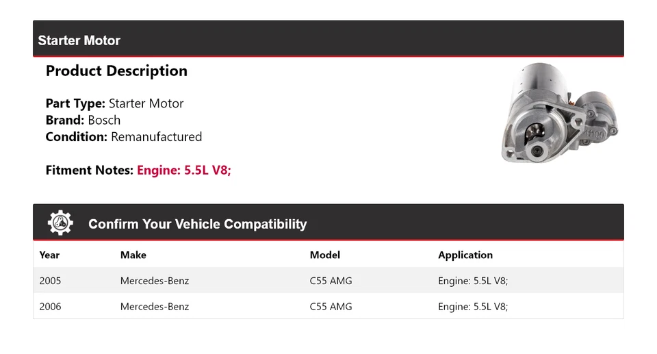 Arranque Bosch V8 5,5 L para Mercedes C55 AMG 2005-2006 (remanufacturado) Foto 2 de 4