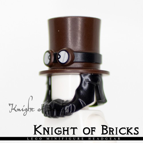 Lego Minifigur DUNKELBRAUN Kopfbedeckung Zylinder großer schwarzer Bart und Band mit Schutzbrille - Bild 3 von 6