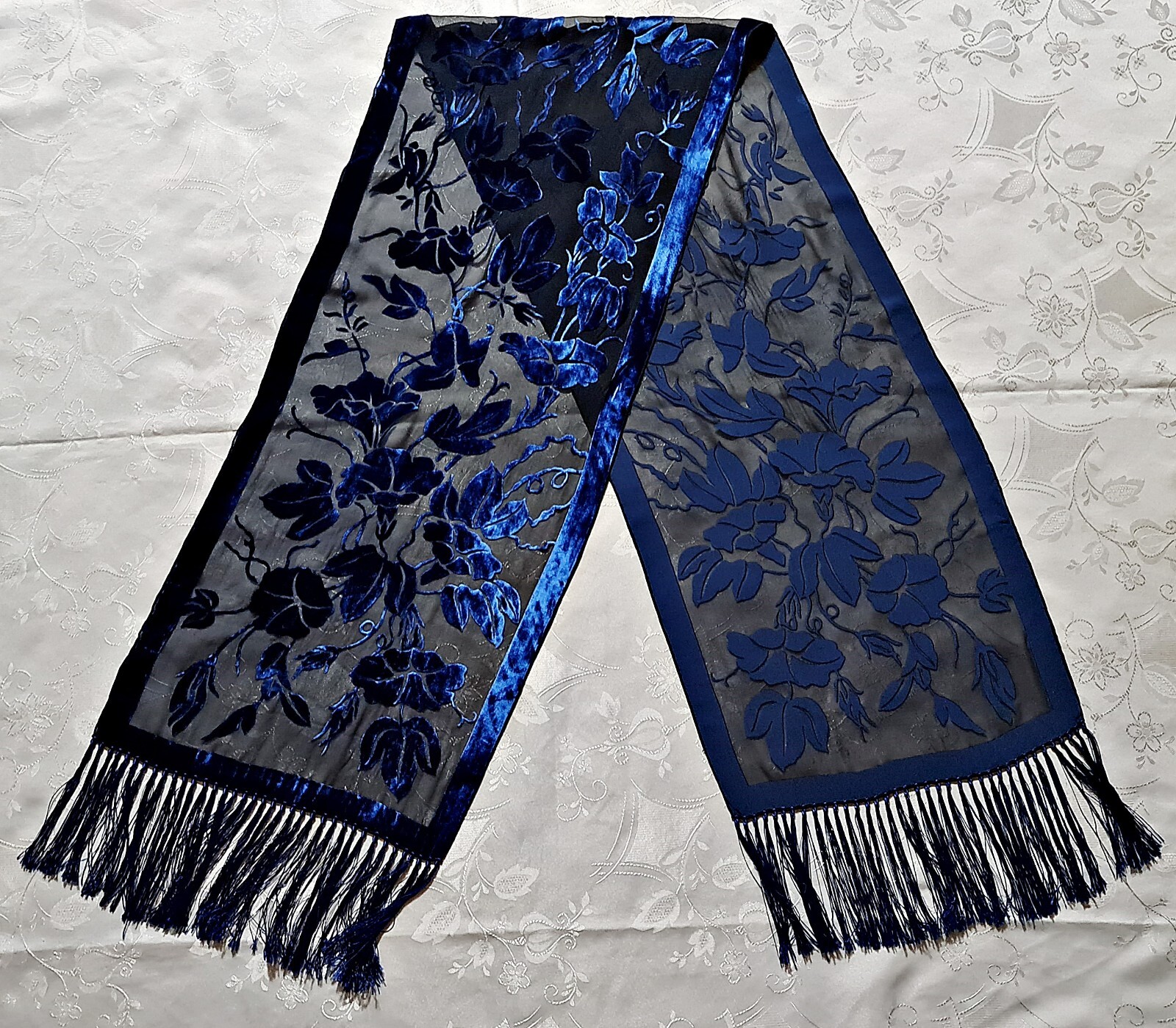 Vintage Floral Rose Blue Cut Velvet Silk Scarf for Women-image