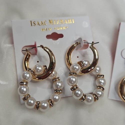 Isaac Mizrahi Lote de 2 Pares Pendientes Elegantes Perla Oro Negro Pendientes Colgantes - Imagen 3 de 5