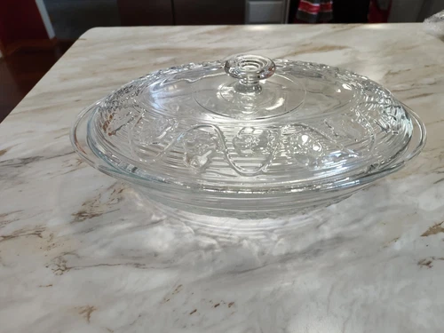 Vintage Anchor Hocking Avalon Crystal Glass Baking Oval Casserole Dish Oven Safe