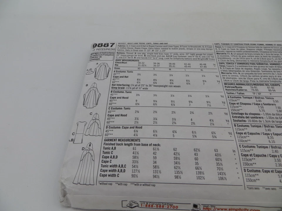 Simplicity Costumes Pattern 9887 Medieval Size XS S M L XL Wizard Lady Man Uncut - Image 3 of 4