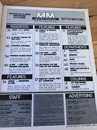 MOTOR MANUAL magazine SEPT 1985 CELICA SCORPION JACKAROO ROCKY PULSAR SAAB TURBO - Picture 2 of 2