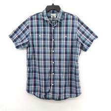 Old Navy Shirt Mens Large Blue Plaid Short Sleeve Slim Fit Casual Button Up