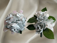 Handmade gardenia wrist corsage and boutonniere Set light powder blue 
